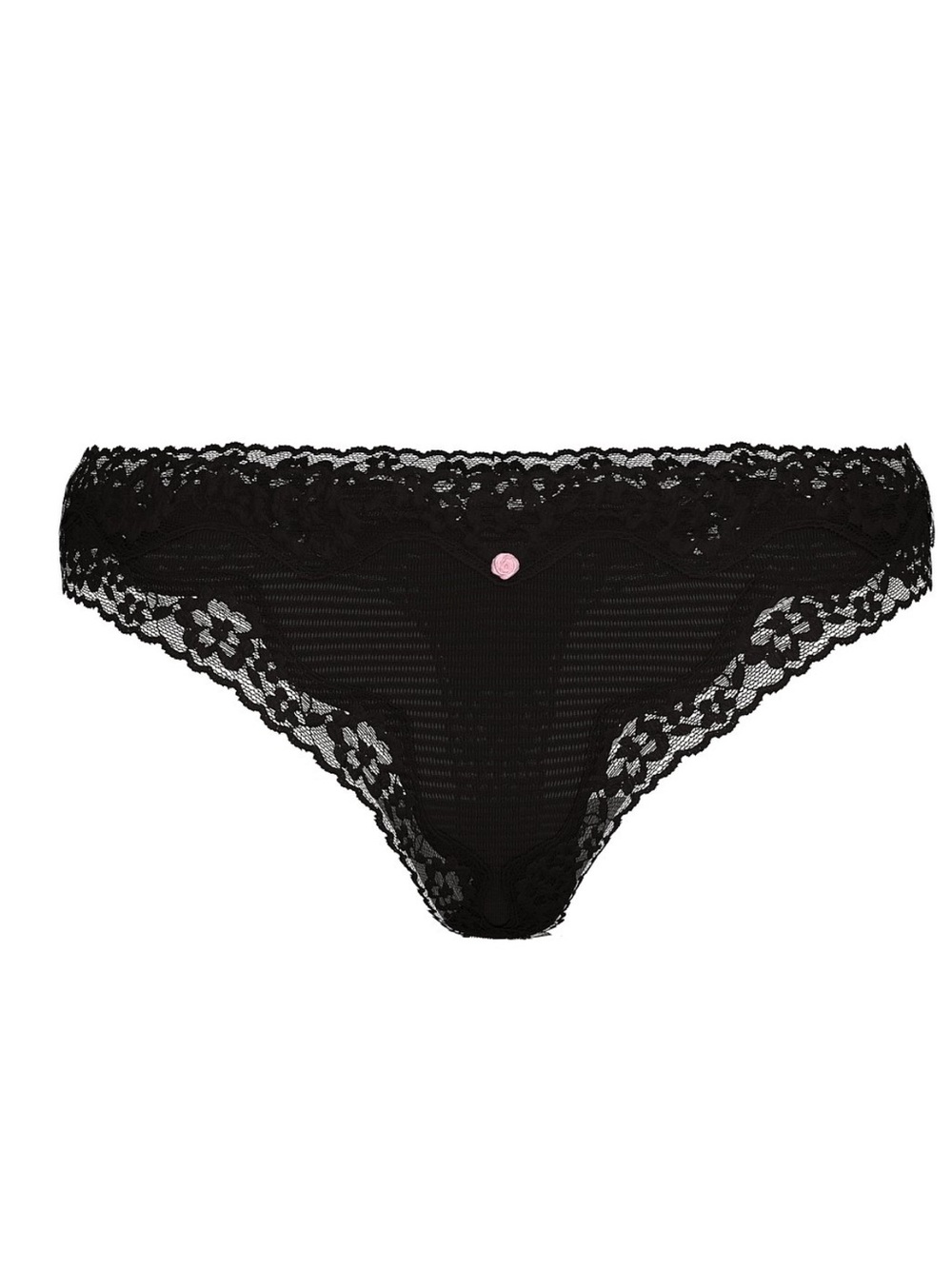 NWT Victoria's Secret Black Cotton Sheer Stripe & Lace Thong with Pink Rose Sz M